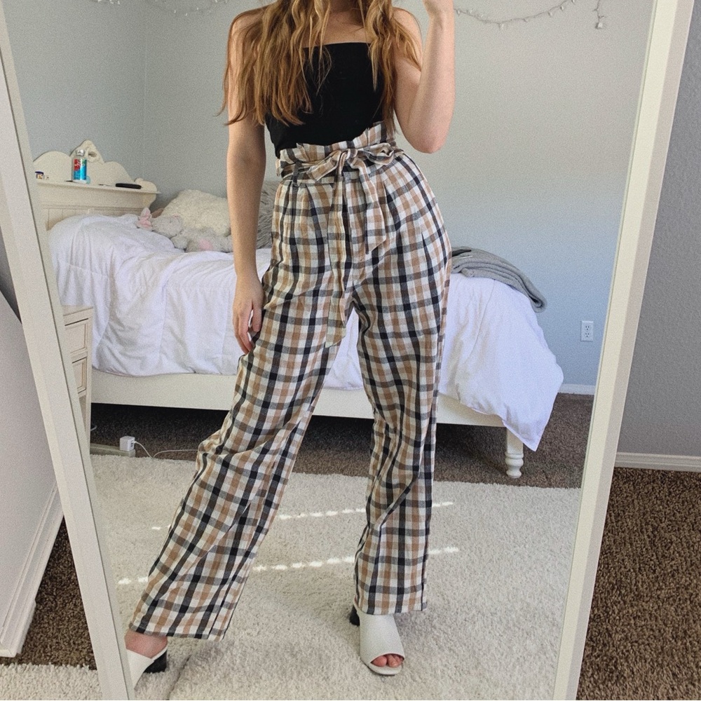 Plaid Wide Leg Pants Tie Pants